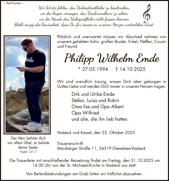 Traueranzeige von Philipp Wilhelm Emde von WLZ