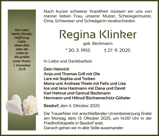 Traueranzeige von Regina Klinker von WLZ