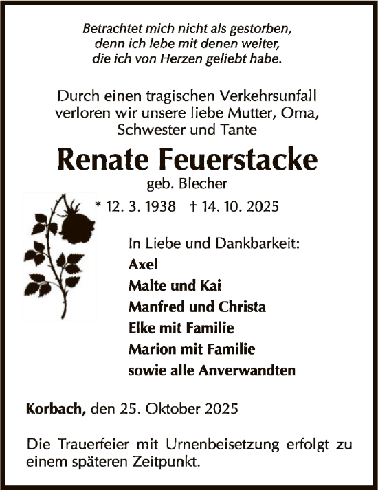 Traueranzeige von Renate Feuerstacke von WLZ