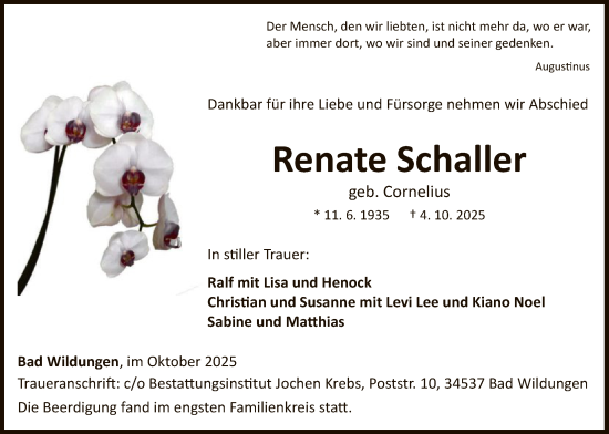 Traueranzeige von Renate Schaller von WLZ