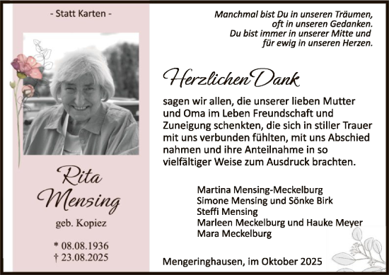 Traueranzeige von Rita Mensing von WLZ