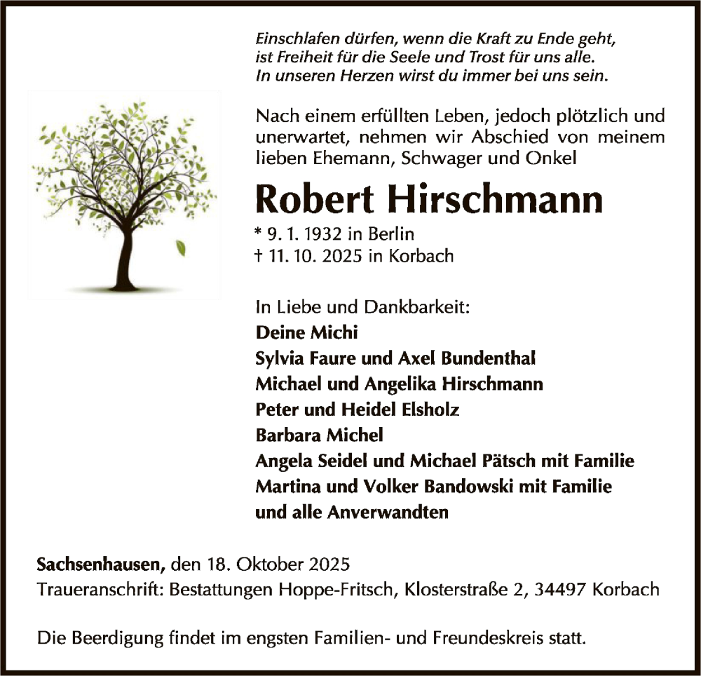  Traueranzeige für Robert Hirschmann vom 18.10.2025 aus WLZ