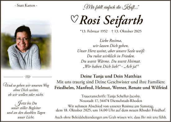 Traueranzeige von Rosi Seifarth von WLZ
