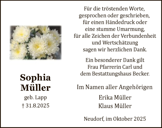 Traueranzeige von Sophia Müller von WLZ