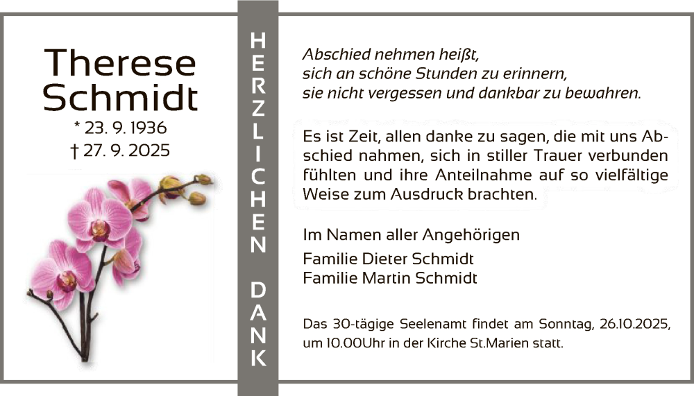  Traueranzeige für Therese Schmidt vom 25.10.2025 aus WLZ