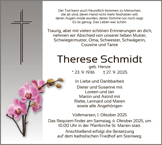 Traueranzeige von Therese Schmidt von WLZ