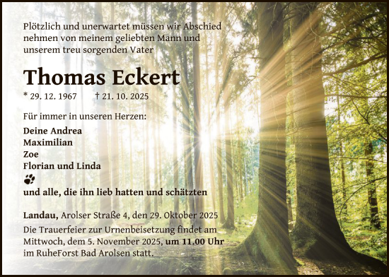 Traueranzeige von Thomas Eckert von WLZHNA