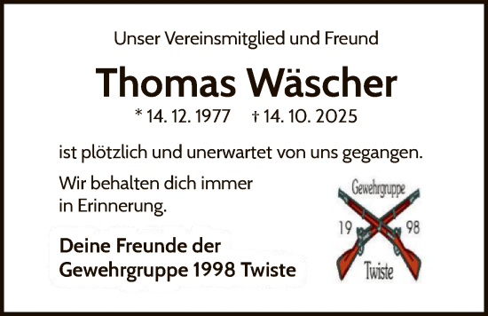 Traueranzeige von Thomas Wäscher von WLZ