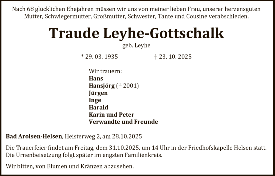 Traueranzeige von Traude Leyhe-Gottschalk von WLZ