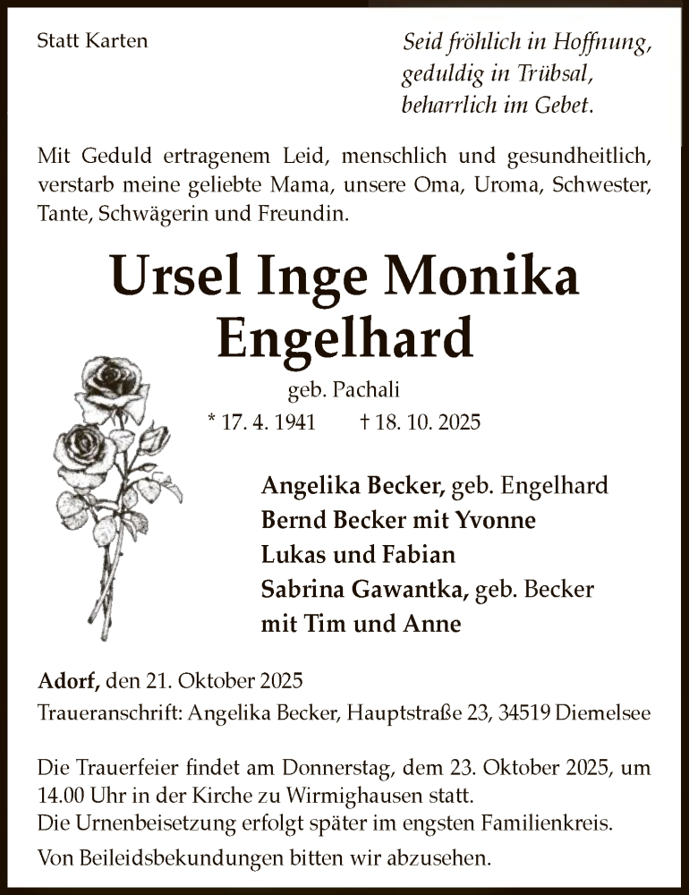  Traueranzeige für Ursel Inge Monika Engelhard vom 21.10.2025 aus WLZ