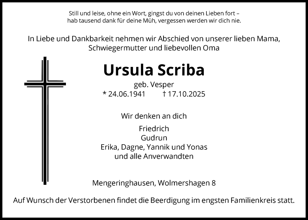  Traueranzeige für Ursula Scriba vom 25.10.2025 aus WLZ