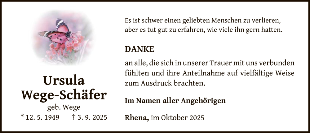  Traueranzeige für Ursula Wege-Schäfer vom 25.10.2025 aus WLZ