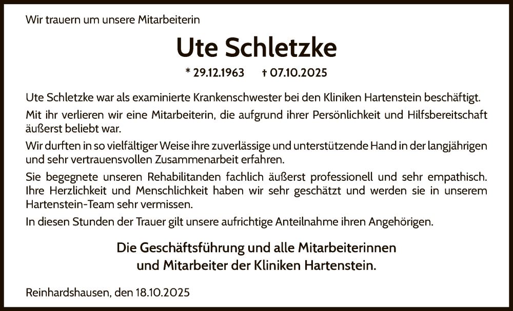  Traueranzeige für Ute Schletzke vom 18.10.2025 aus WLZHNA