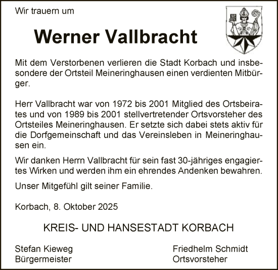 Traueranzeige von Werner Vallbracht von WLZ
