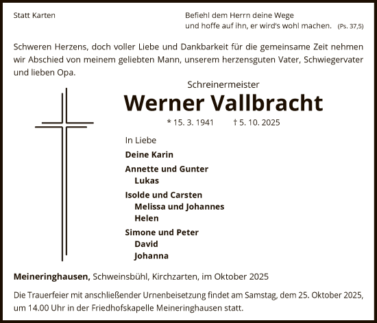 Traueranzeige von Werner Vallbracht von WLZ