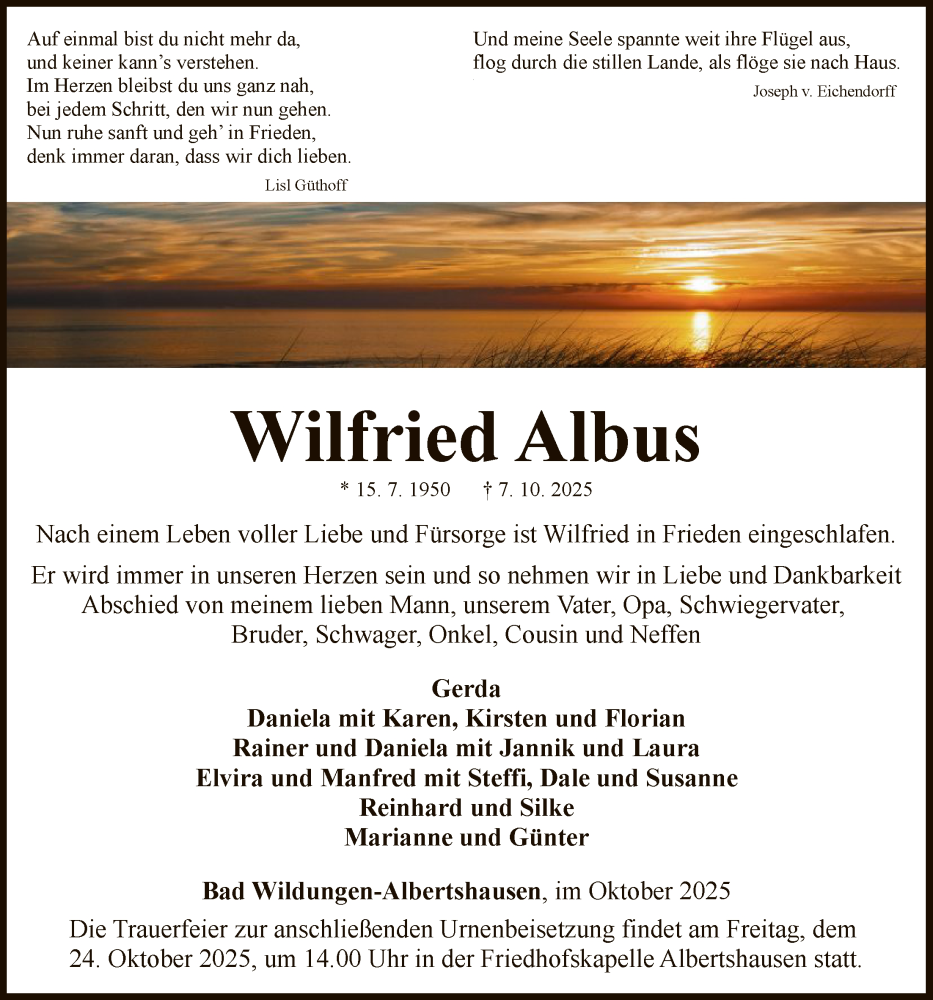  Traueranzeige für Wilfried Albus vom 18.10.2025 aus WLZ