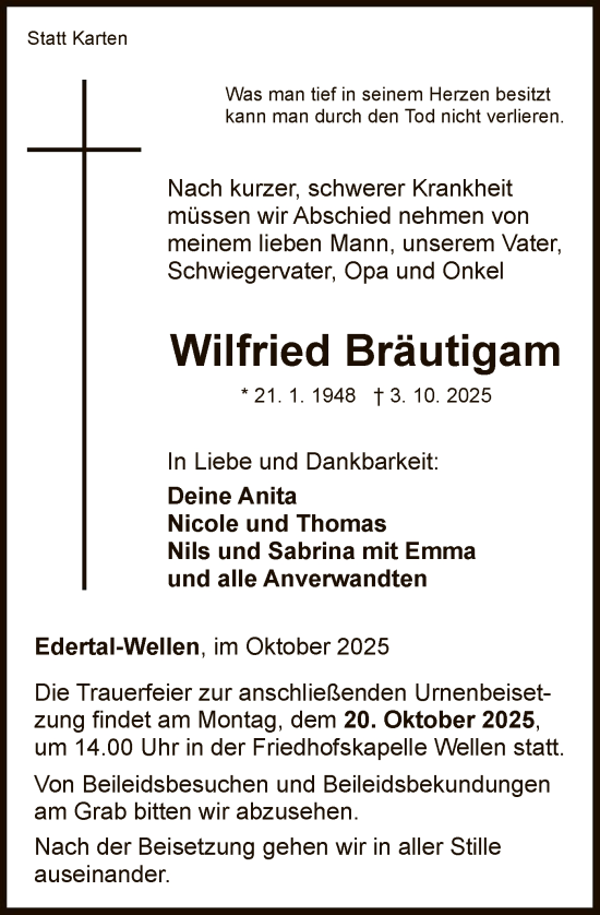 Traueranzeige von Wilfried Bräutigam von WLZ