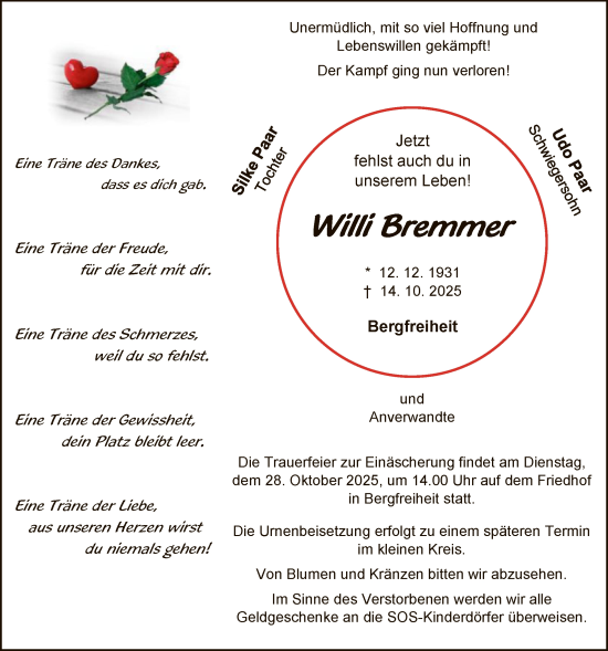 Traueranzeige von Willi Bremmer von WLZ