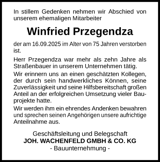 Traueranzeige von Winfried Przegendza von WLZ