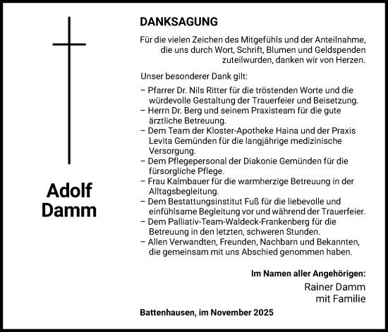 Traueranzeige von Adolf Damm von HNAWLZ