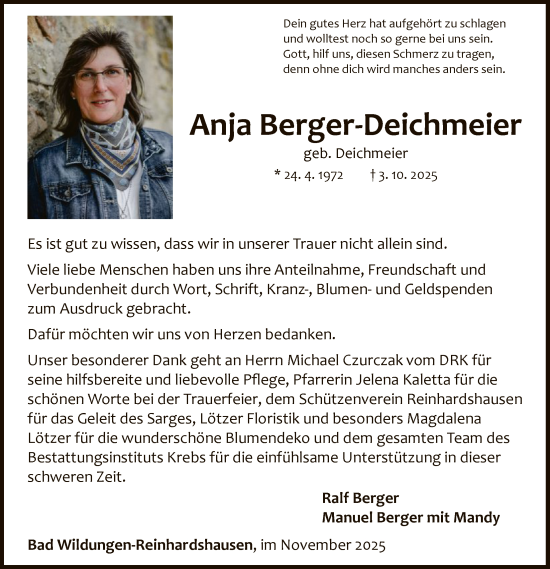Traueranzeige von Anja Berger-Deichmeier von WLZ