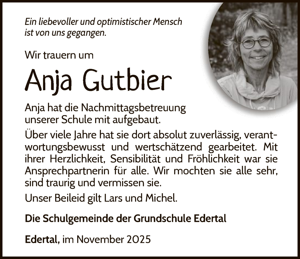  Traueranzeige für Anja Gutbier vom 22.11.2025 aus WLZ