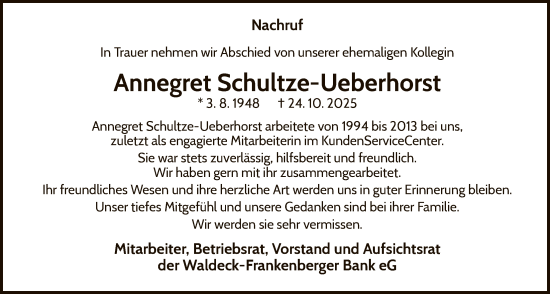 Traueranzeige von Annegret Schultze-Ueberhorst von WLZ
