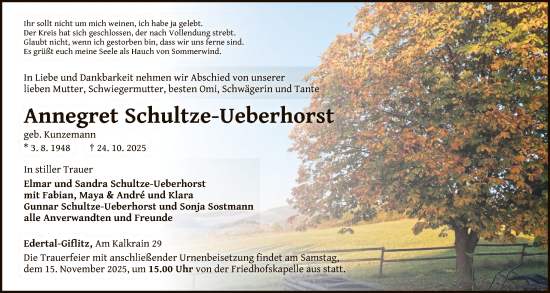 Traueranzeige von Annegret Schultze-Ueberhorst von WLZ