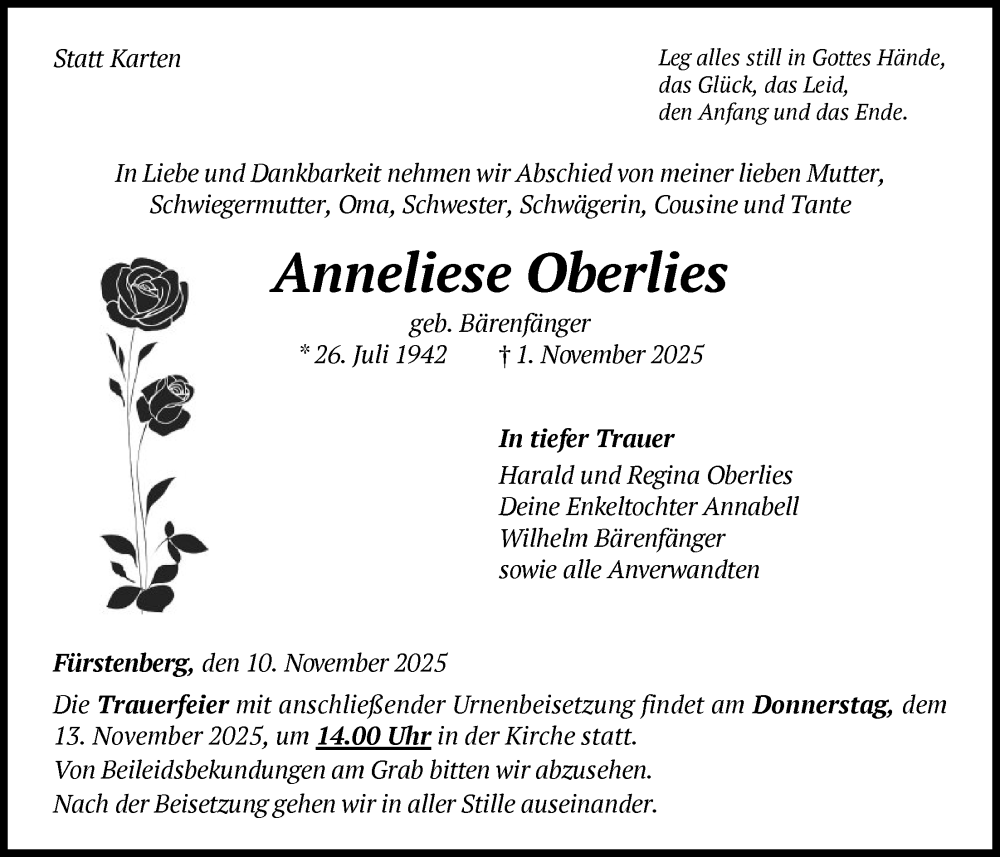  Traueranzeige für Anneliese Oberlies vom 10.11.2025 aus WLZ