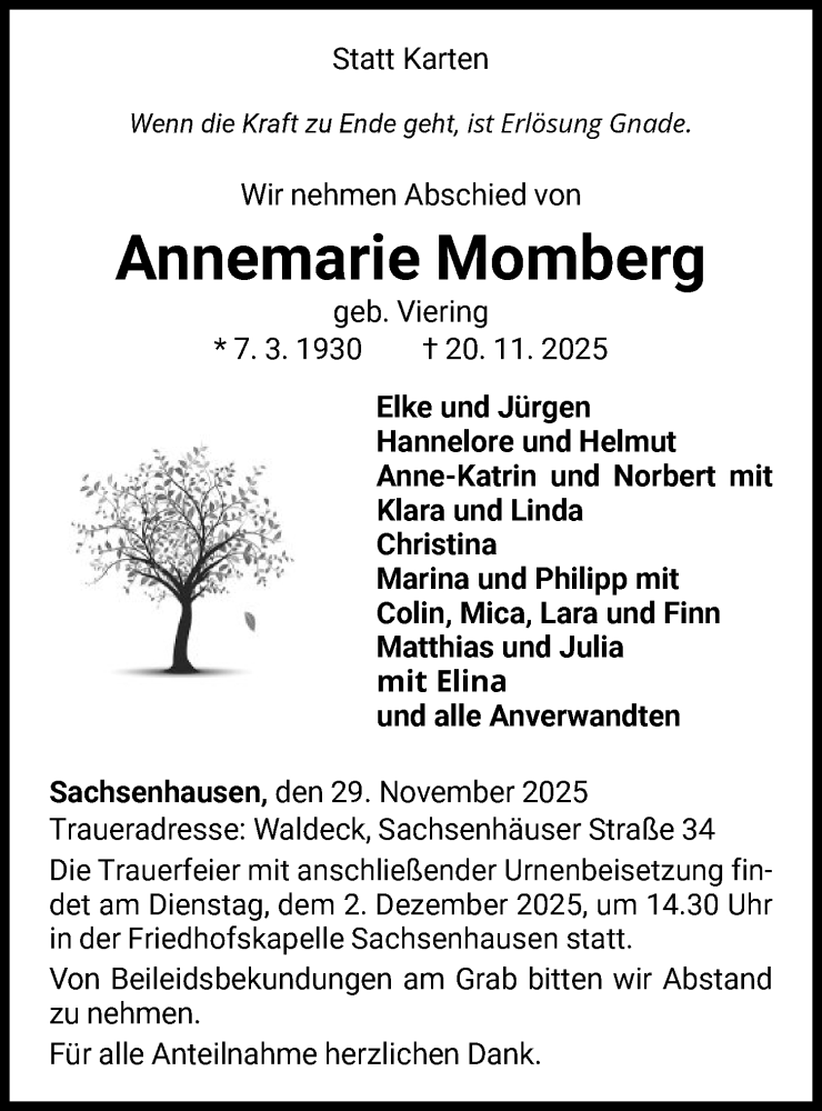  Traueranzeige für Annemarie Momberg vom 29.11.2025 aus WLZ