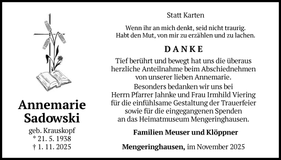 Traueranzeige von Annemarie Sadowski von WLZ