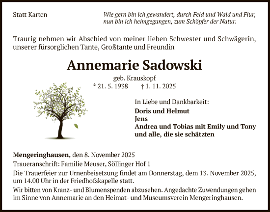 Traueranzeige von Annemarie Sadowski von WLZ