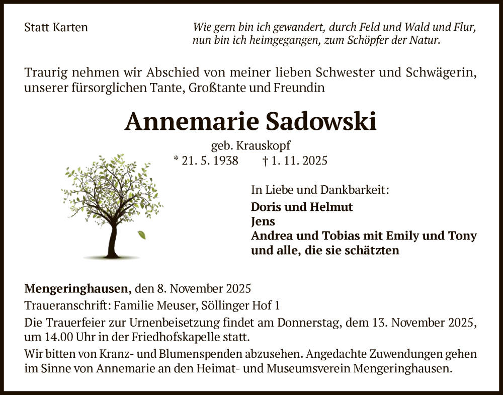  Traueranzeige für Annemarie Sadowski vom 08.11.2025 aus WLZ