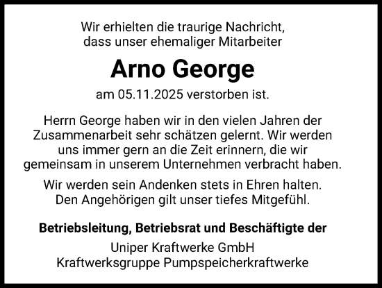 Traueranzeige von Arno George von WLZ