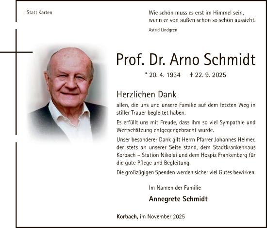 Traueranzeige von Arno Schmidt von WLZ