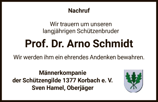 Traueranzeige von Arno Schmidt von WLZ