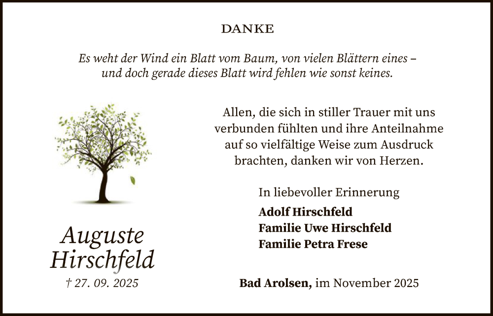  Traueranzeige für Auguste Hirschfeld vom 08.11.2025 aus WLZ