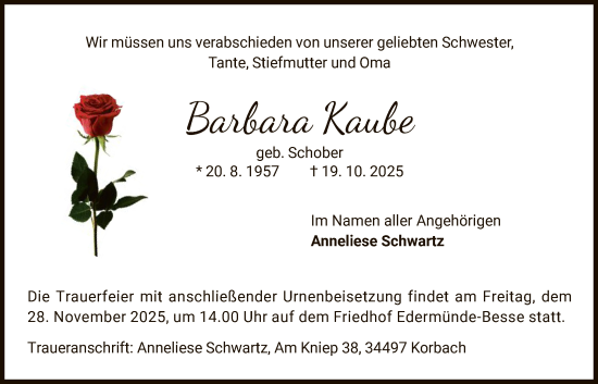 Traueranzeige von Barbara Kaube von WLZ