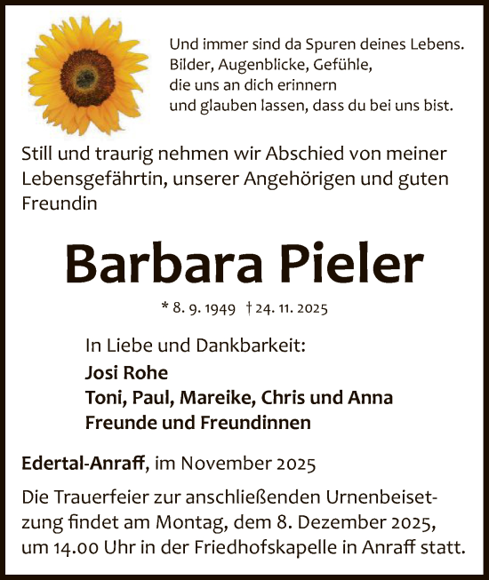 Traueranzeige von Barbara Pieler von WLZ