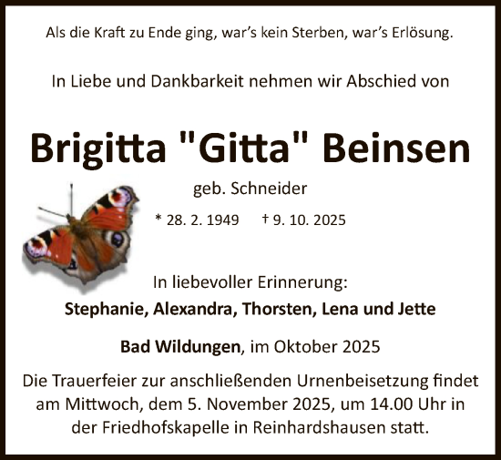 Traueranzeige von Brigitta Beinsen von WLZ