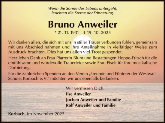 Traueranzeige von Bruno Anweiler von WLZ