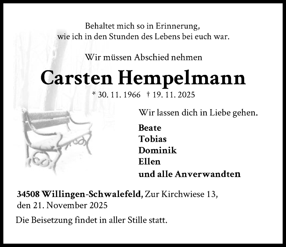  Traueranzeige für Carsten Hempelmann vom 21.11.2025 aus WLZ