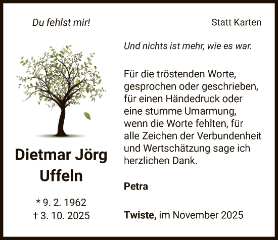 Traueranzeige von Dietmar Jörg Uffeln von WLZ