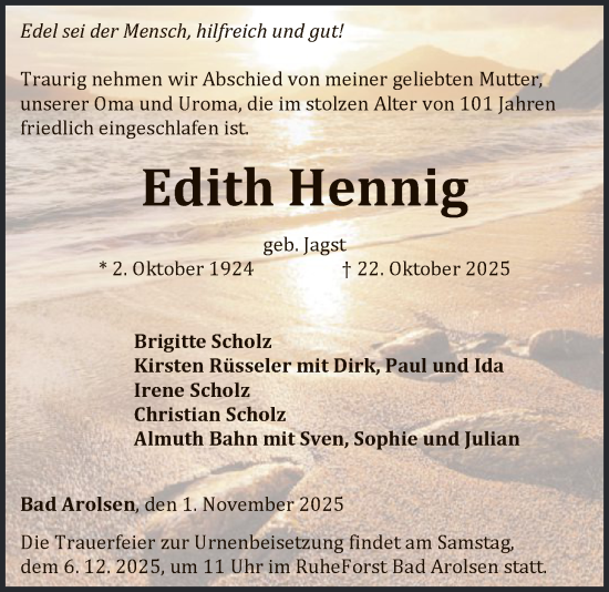 Traueranzeige von Edith Hennig von WLZ