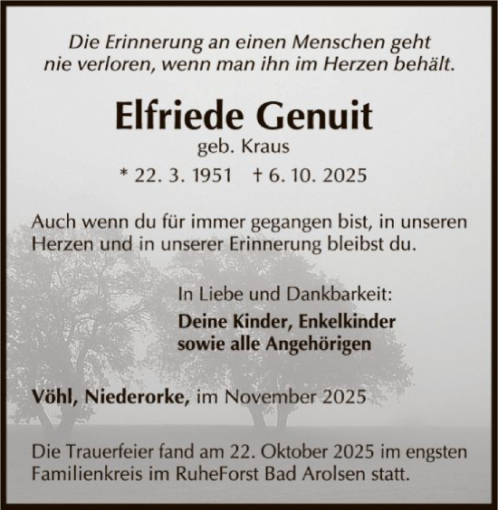 Traueranzeige von Elfriede Genuit von WLZ