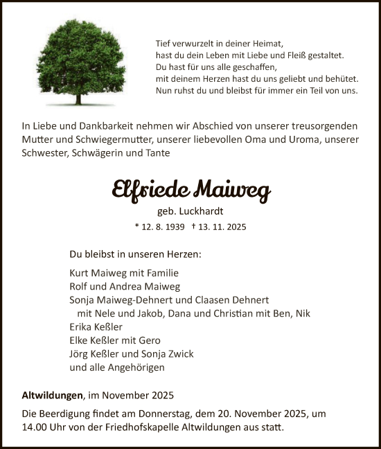 Traueranzeige von Elfriede Maiweg von WLZ