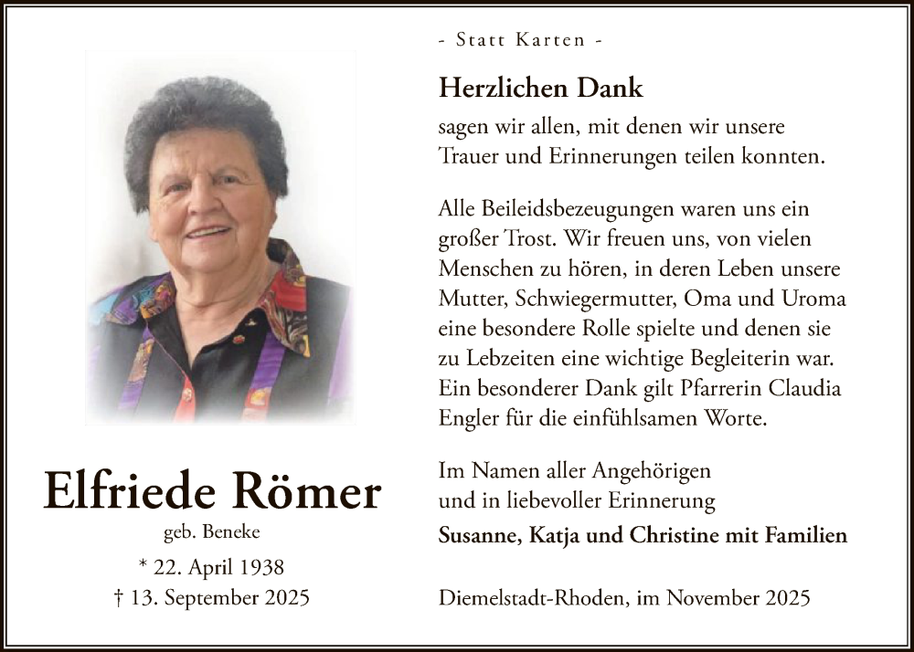  Traueranzeige für Elfriede Römer vom 15.11.2025 aus WLZ