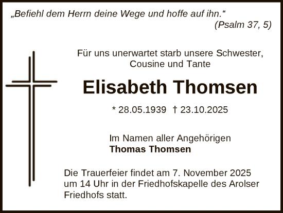 Traueranzeige von Elisabeth Thomsen von WLZ