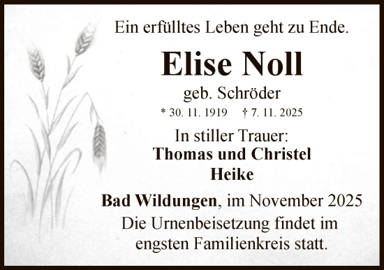 Traueranzeige von Elise Noll von WLZ