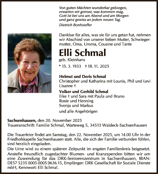 Traueranzeige von Elli Schmal von WLZ